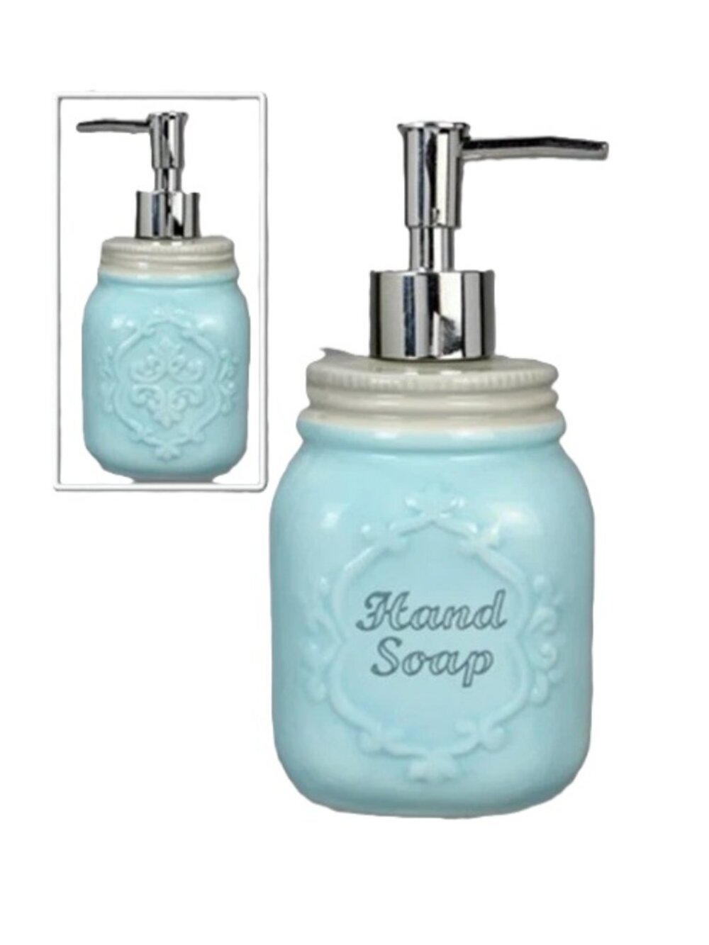 Blue Ceramic Hand Pump Lotion / Hand Soap Dispenser 7" tall by 3 1/8" 049-16679